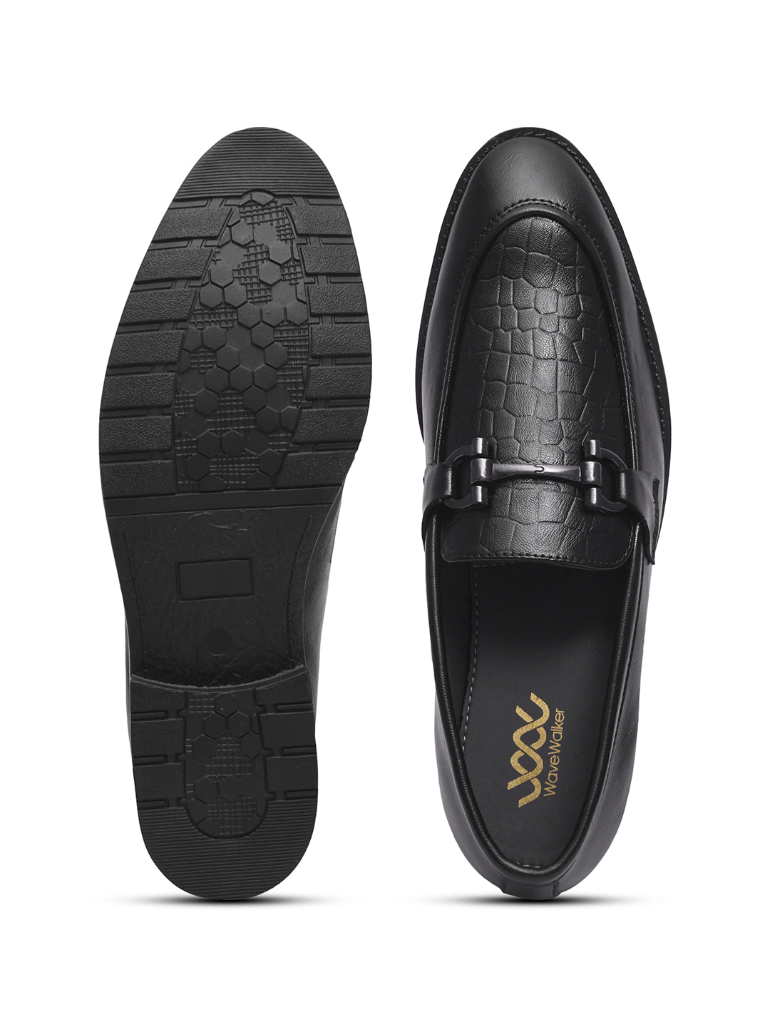 WAVEWALKER WOOD Men Black Faux Leather Slip-On Loafers