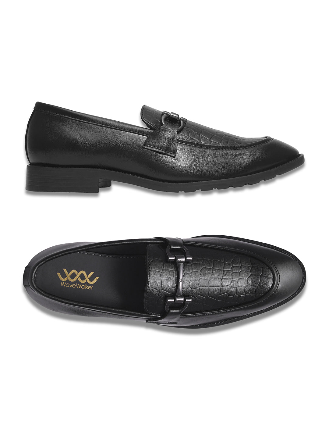 WAVEWALKER WOOD Men Black Faux Leather Slip-On Loafers