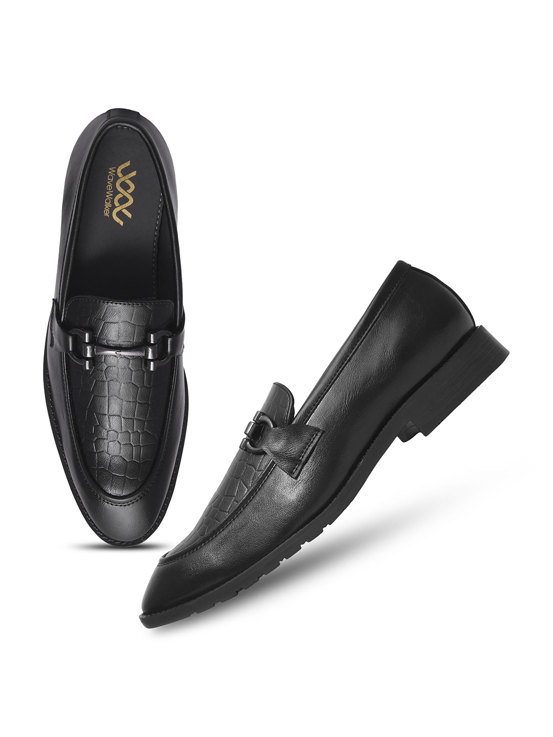 WAVEWALKER WOOD Men Black Faux Leather Slip-On Loafers
